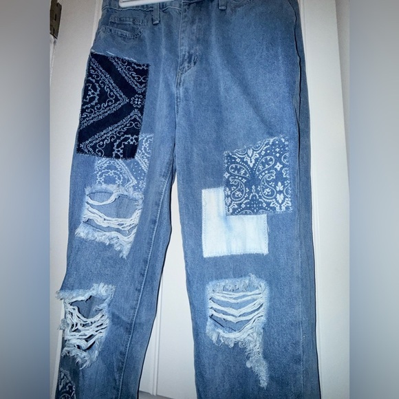 Simple Society Bandana Patchwork Jeans Women's 7/28 High Rise Distressed - Picture 7 of 14